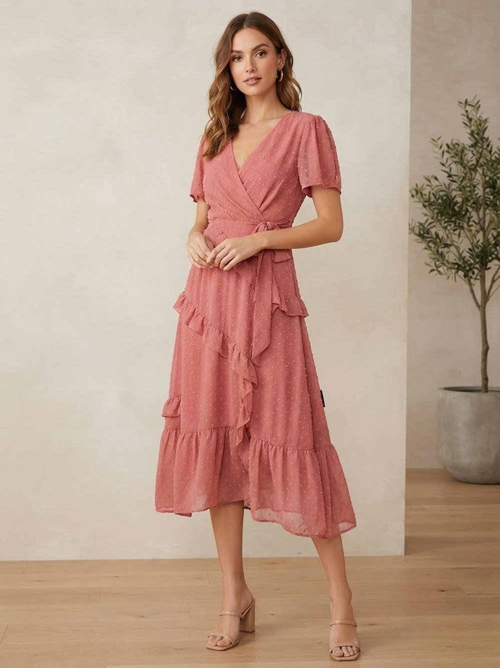 Lulu's Blouson Sleeve Wrap Midi Dress in Rose